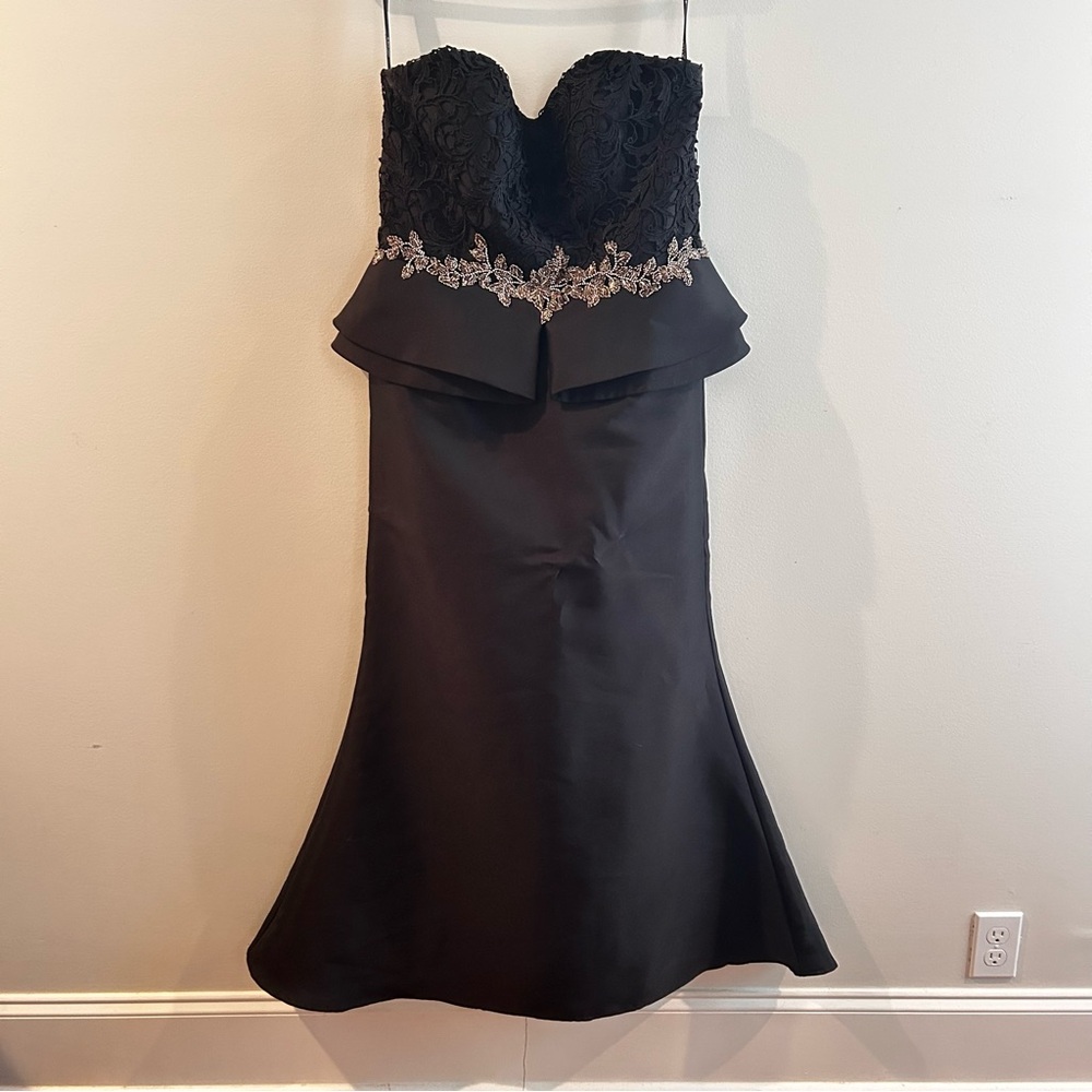 Montage by Mon Cheri Black Evening Dress, Peplum , lace bodice, strapless,Size M